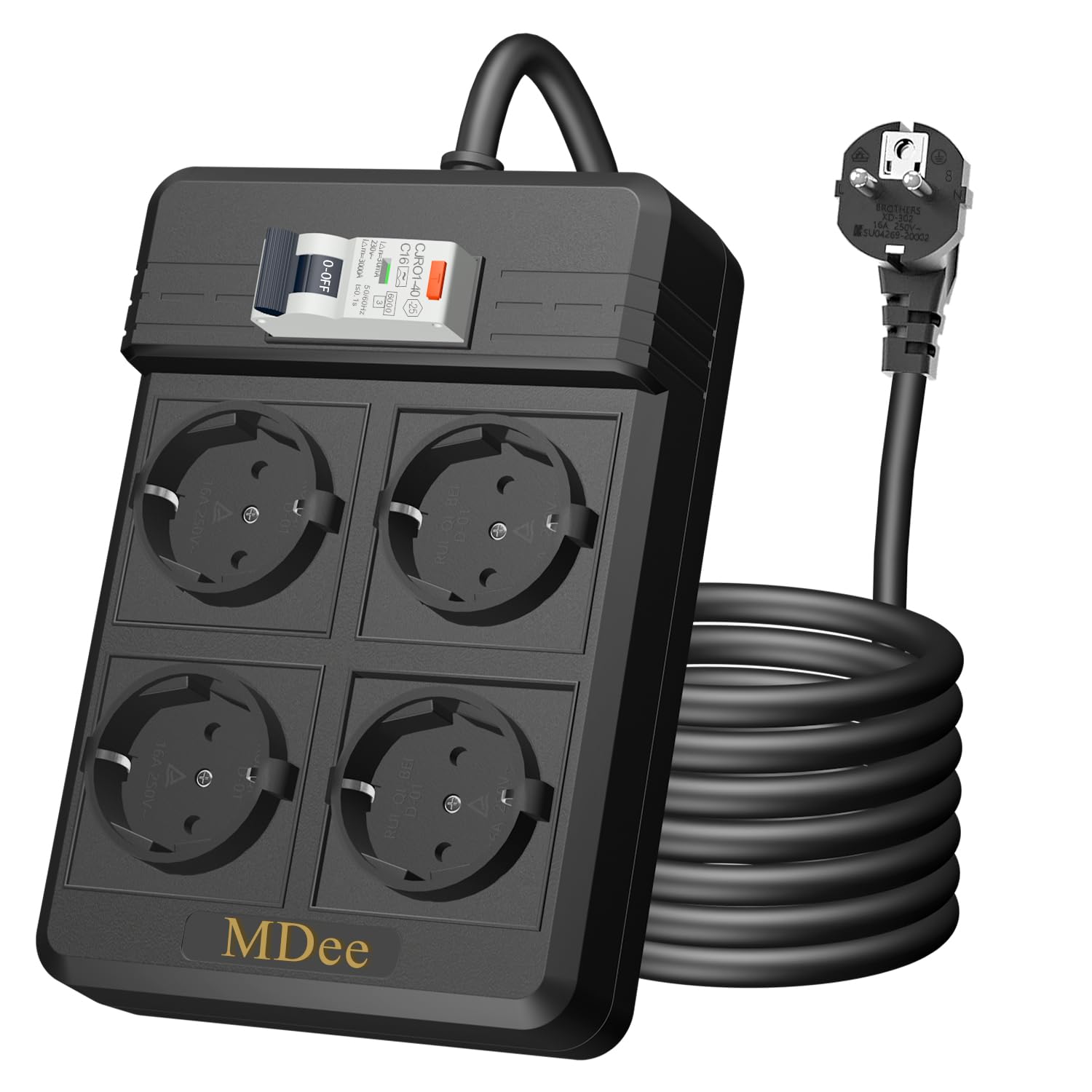 Ciabatta Multipresa RCD con Interruttore Salvavita Integrato, 4 Prese Ciabatta Elettrica, Cavo 3 Metri, 4000W 16 A con Protezione da Sovratensioni, per Elettrodomestici, Utensili, Ufficio (Nero)
