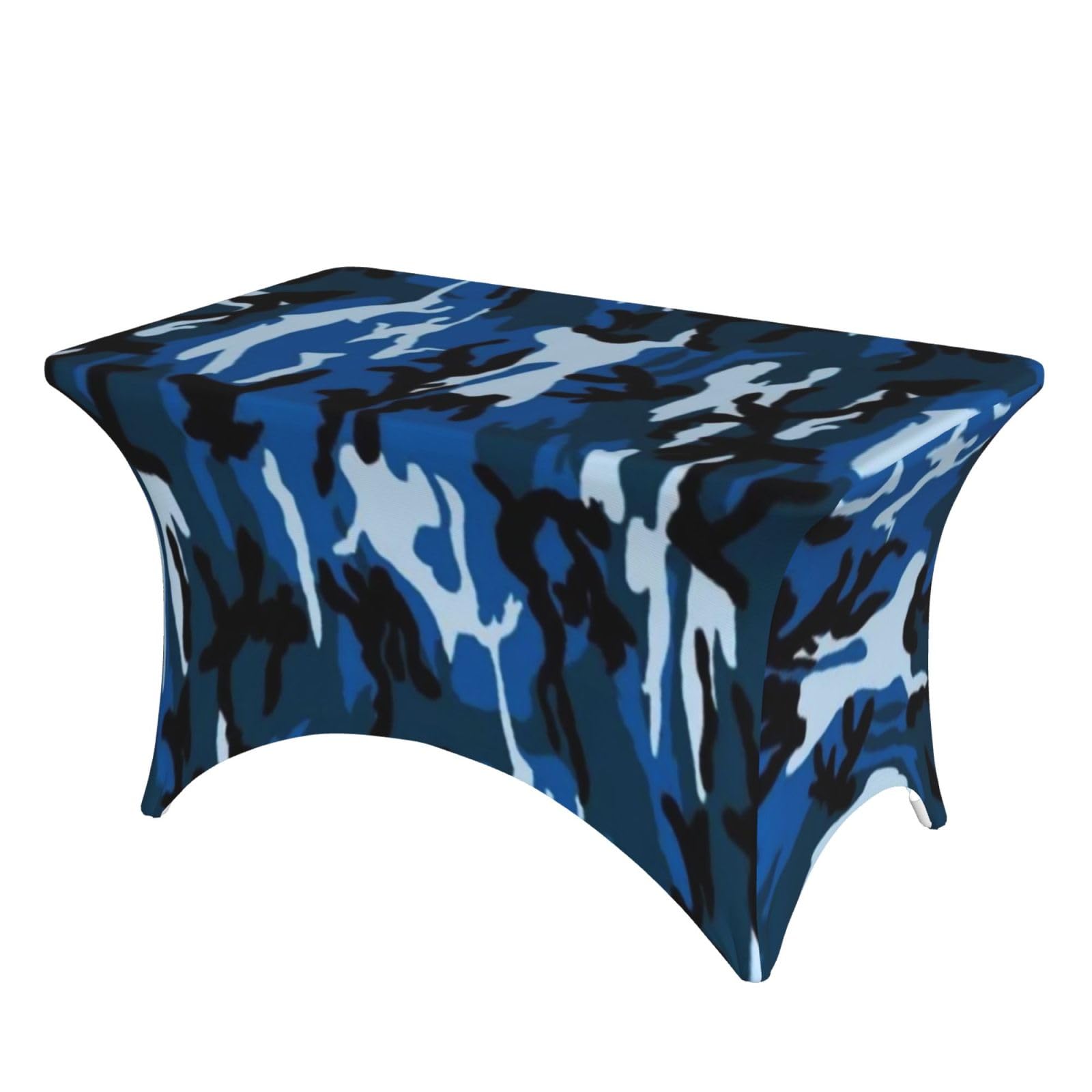 Dcehgew Blue Camouflage Pattern 4Ft Spandex Rectangular Table Cloth, Printed Fitted Elastic Tablecloths Washable Table Cover For Event, Wedding, Banquet & Party