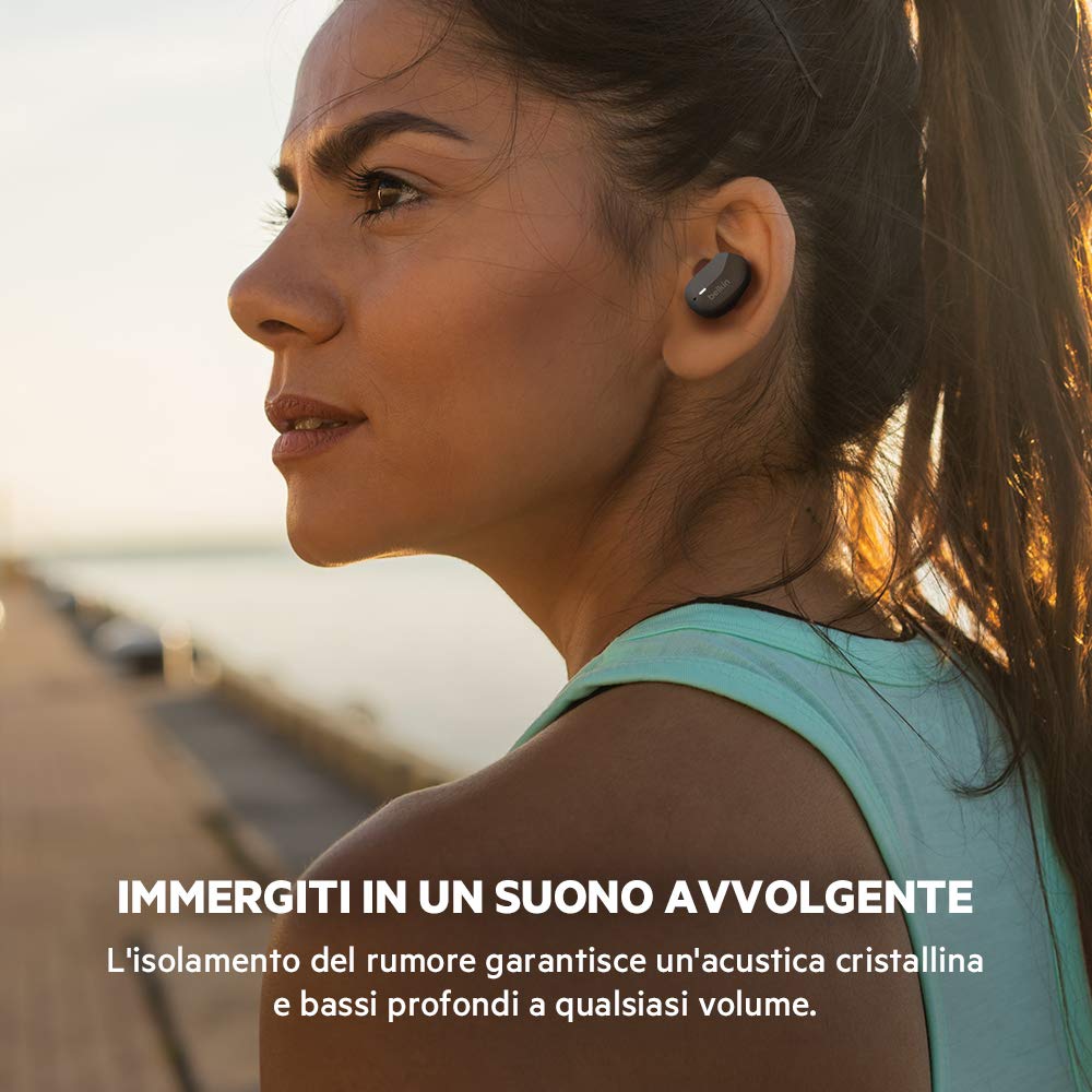 Belkin SoundForm Auricolari true Wireless (Cuffie Bluetooth per iPhone, Samsung, Google, controlli touch, Custodia di Ricarica Portatile, riproduzione 24 ore, isolamento rumori, anti-sudore) Nero