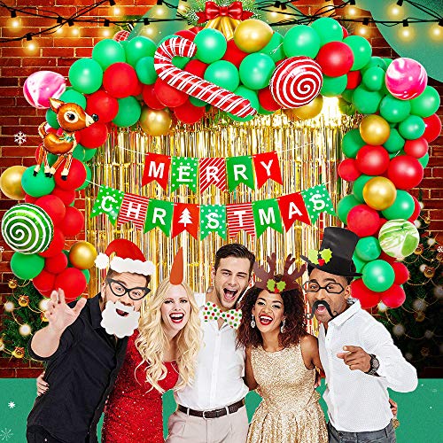 Christmas Balloon Garland Kit, 203 Pcs Green Red Gold leaf stars Confetti Balloons with Santa Claus Christmas Tree Balloon, Equipped with a series of Balloon Tools for Christmas Party Decorations New Year Theme decor