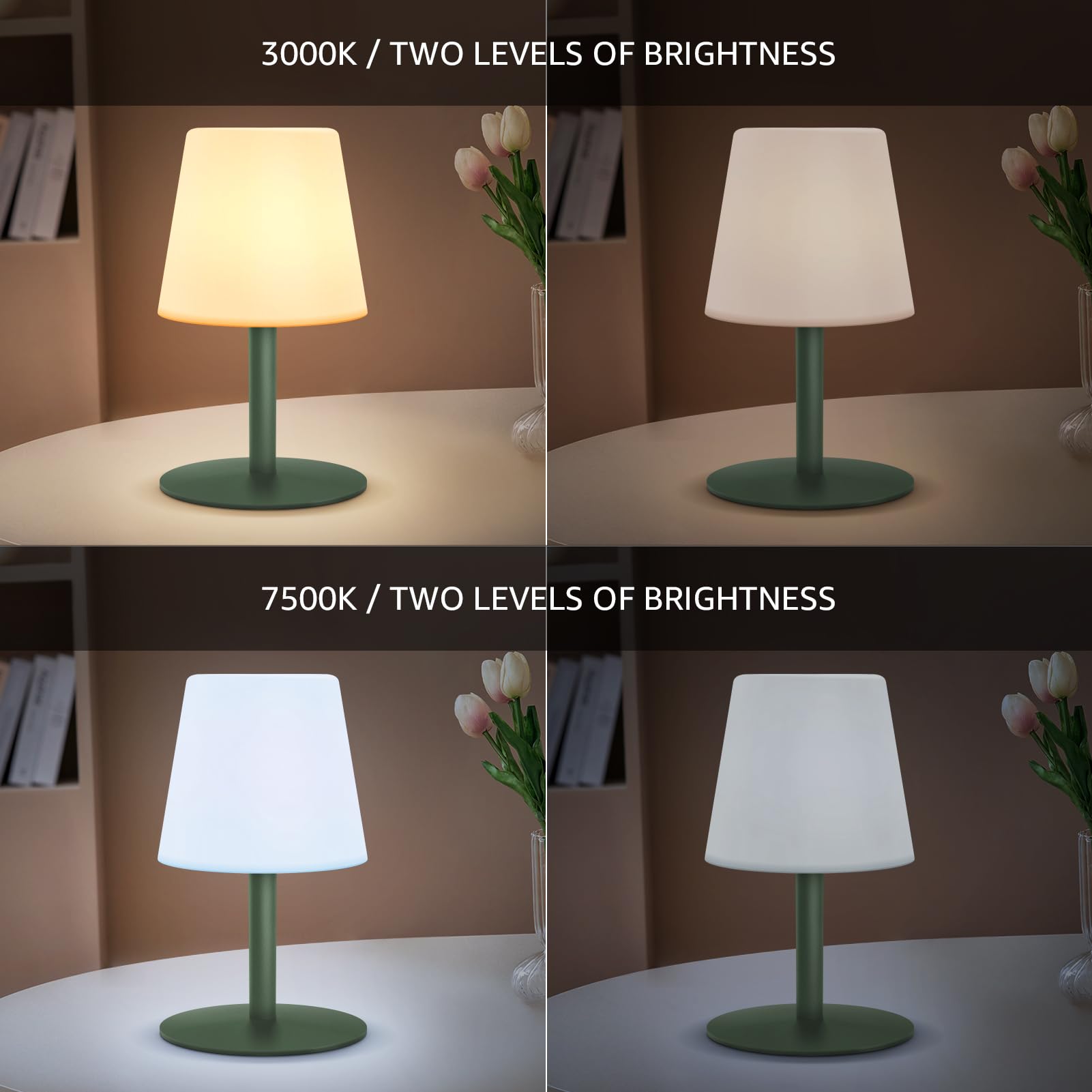Lampe Exterieur Rechargeable 3000K ＆ 7500K 2 Luminosité Chargement USB Lampe de Table Sans Fil Lampe de Table LED IP44 Pour Terrasse Table de Repas Balcon Jardin (Gris vert)