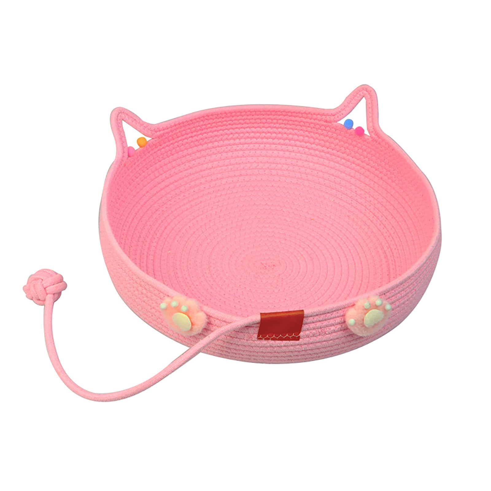 BIAOO Cotton-woven cat bed basket with a play ball; a year-round woven rope bed that protects your living room furniture, 45 cm diameter x 15 cm height (Pink)