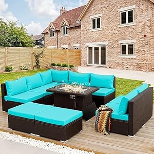   NICESOUL-10-Pieces-Outdoor-Patio-Sectional-Furniture-Sofa-Set-with-Dual-Fuel-Fire-Pit-Table-Luxury-Large-Size-Brown-PE-Wicker-Comfortable-Conversations-Turquoise2-Color-Cushions