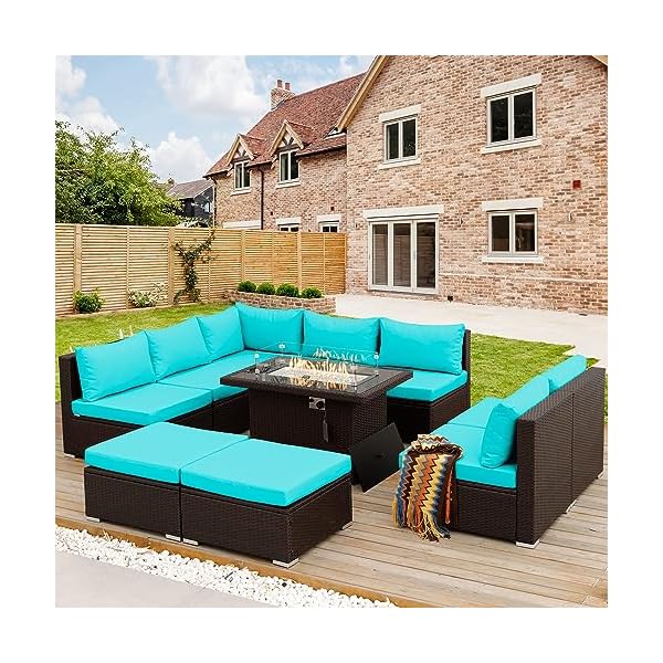   NICESOUL-10-Pieces-Outdoor-Patio-Sectional-Furniture-Sofa-Set-with-Dual-Fuel-Fire-Pit-Table-Luxury-Large-Size-Brown-PE-Wicker-Comfortable-Conversations-Turquoise2-Color-Cushions