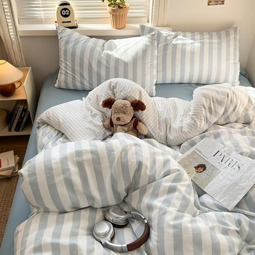Freyamy Blue Double Duvet Cover Set - 3pcs Stripe Bedding Set, Soft Reversible Stripes Bedding Set Single Size 200x200 cm and 2 Pillowcase 50x75 cm