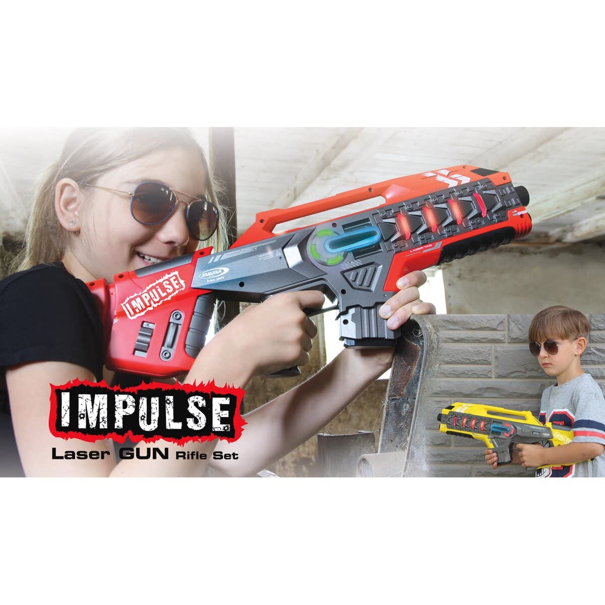 JAMARA 410083 Impulse Gun – Rifle Set gelb/rot – Laser Tag mit 3 Battlemodi Spieler je Team, Last Man Standing, Duell, 4 simulierte Waffen mit Soundeffekte, bis 40m Reichweite