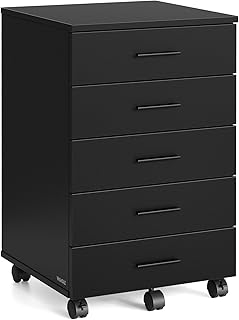 VASAGLE Rollcontainer, mobiler Aktenschrank, Schubladenschrank, Druckerständer mit 5 Schubladen, mit schraubenlosen Gleitschienen, für Büro, Homeoffice, tintenschwarz OFC081BC02