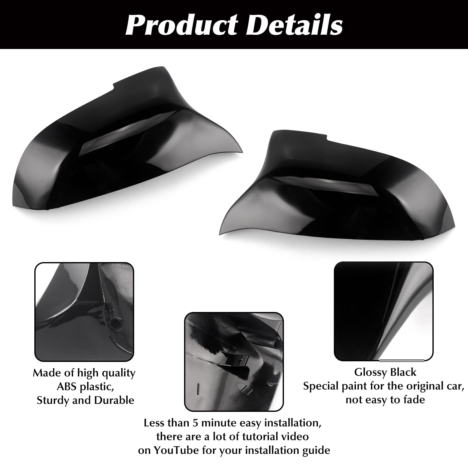 Coperchio Dello Specchio Laterale, Ricambio per Specchietto Retrovisore Compatibile con BMW 5/6/7 Series F10 F11 F18 LCI GT 5GT F07 F06 F12 F13 F01 F02, Nero Lucido, 2 Pezzi