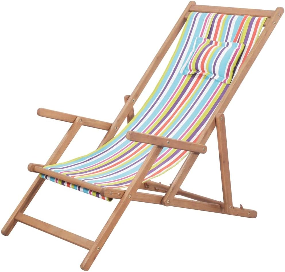 vidaXL Folding Beach Chair Outdoor Foldable Furniture Camping Campsite Seat Garden Patio Backyard Seating Fabric and Wooden Frame Multicolour