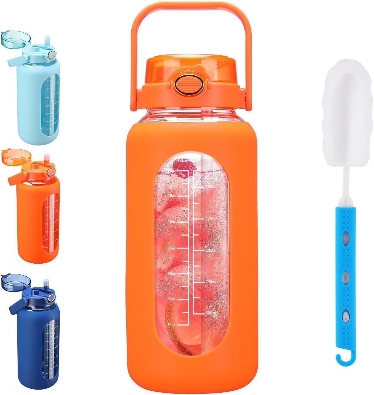 SIEROZUR 64 oz Glass Water Bottle with Straw and Handle Lid Half Gallon Motivational Glass Bottle with Silicone Sleeve and Time Marker Large Reusable Sports Water Jug for Gym Home Workout