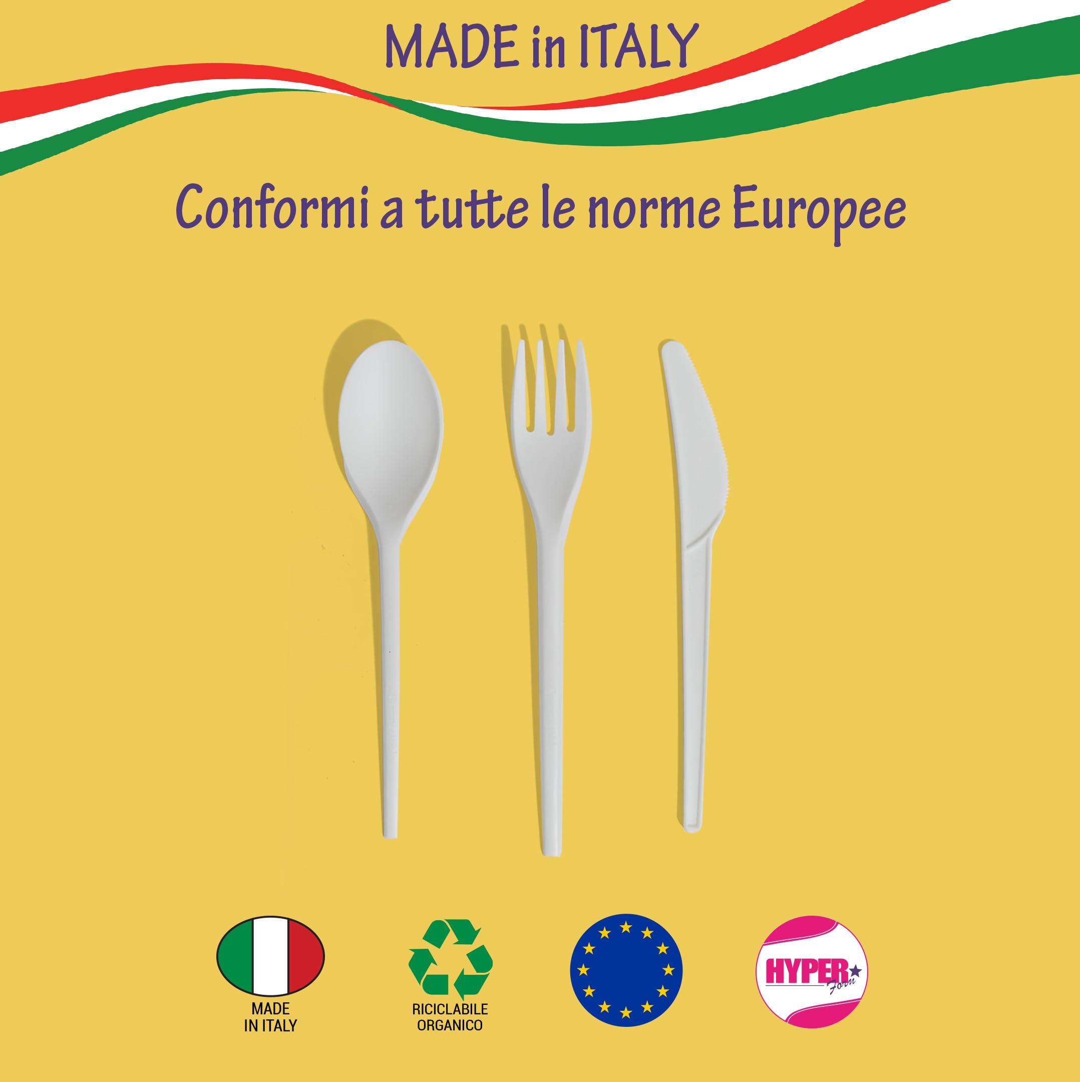HYPER form Set Posate Biodegradabili e Compostabili Tris Forchetta Coltello Cucchiaio e Tovagliolo 100 Pezzi