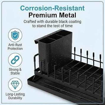Sink Dish Drying Rack, Expandable Dish Drainer Rack with Drip Tray, Kitchen Draining Board Rack with Cutlery Holder, Compatible with 14 - 19 Kitchen Sink, Black