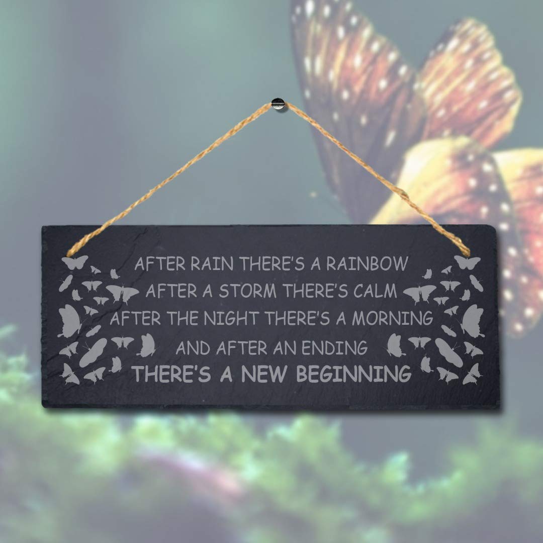 Stukk Natural Engraved Slate Stone Plaque After Rain There Is Rainbow Laser Hanging Garden Sign, 30X12cm