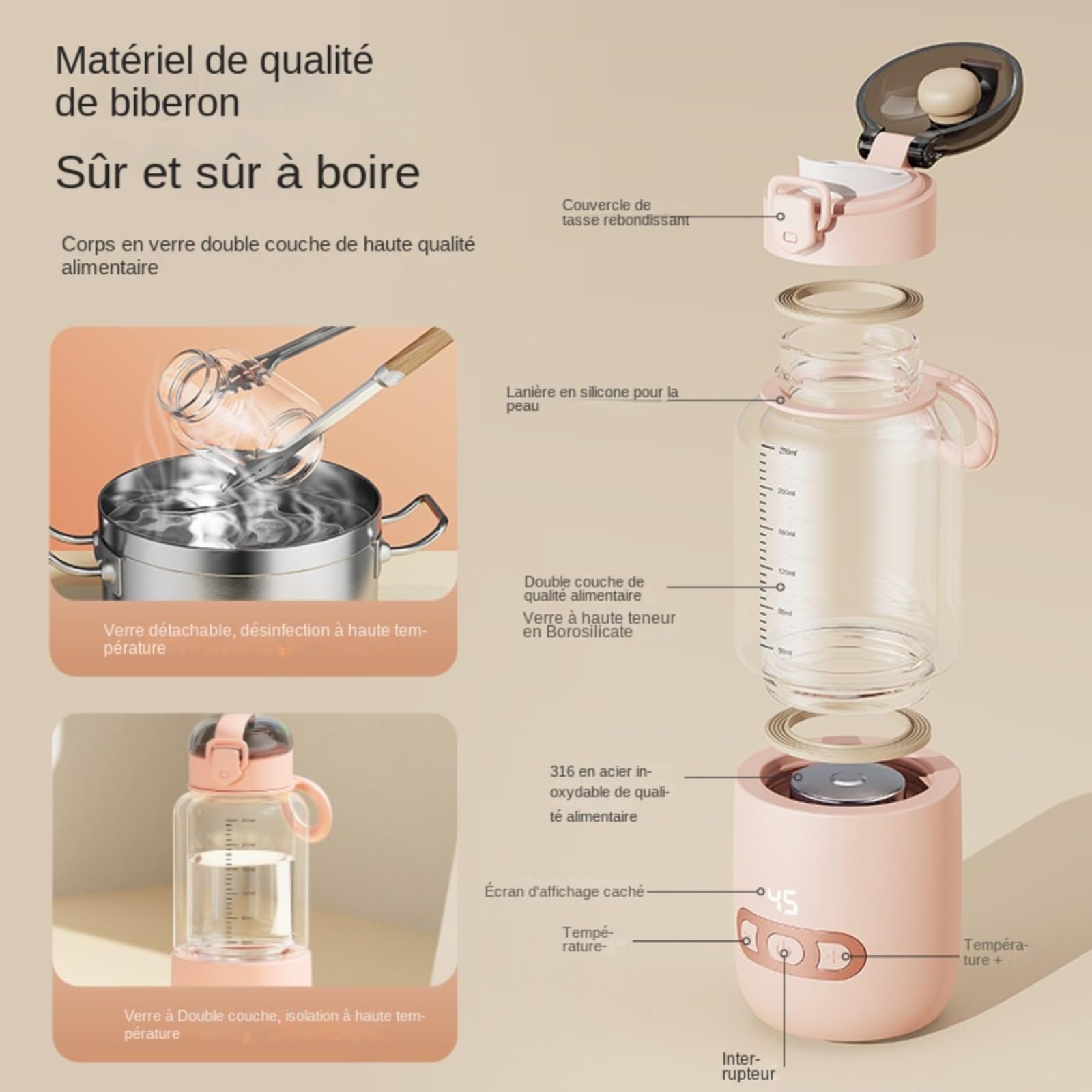 Chauffe-Eau portatif,Chauffe-Eau Portable pour Formule bébé Capacité de 300/400 ML,Chauffe biberon Nomade sans Fil,Facile à Transporter et adapté aux Voyages, Fonction de Charge USB