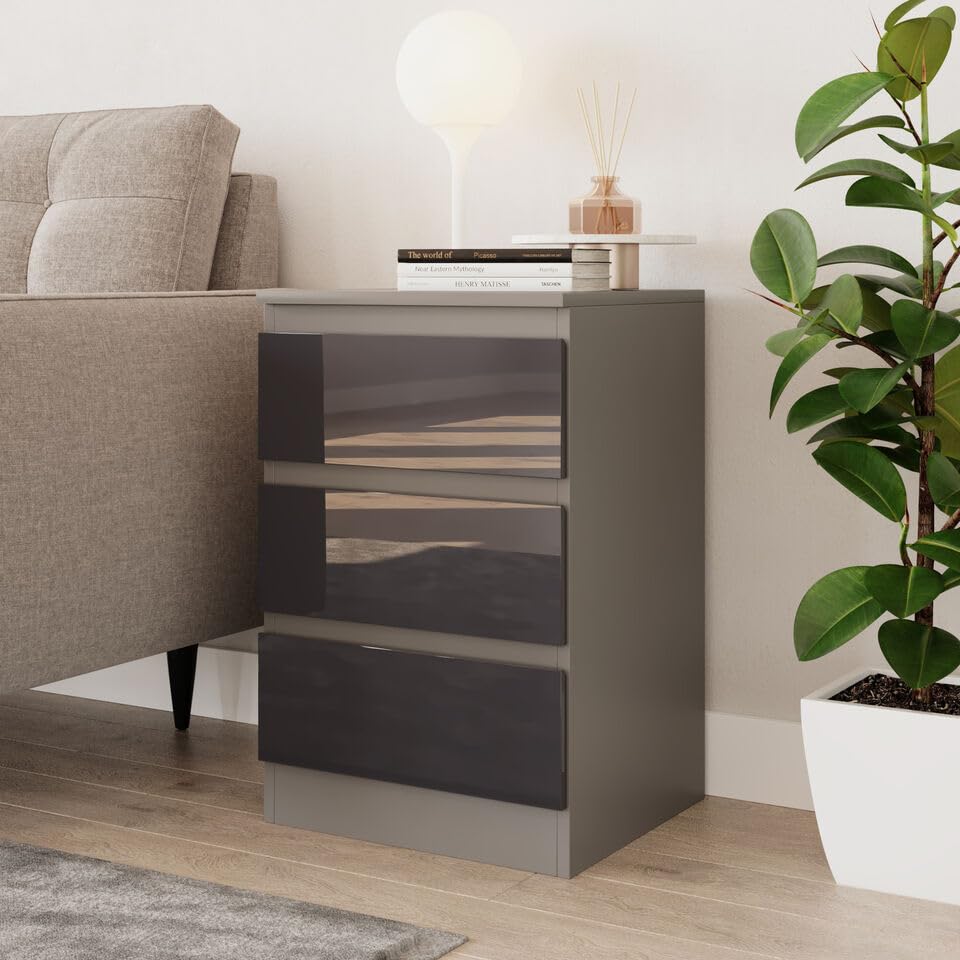 URBNLIVING 62cm High Gloss Bedside Chest of Drawers - 3 Drawer Bedroom Storage Cabinet with Smooth Metal Runner - Modern Dresser Bedside Table for Bedroom Living Room Office Hallway