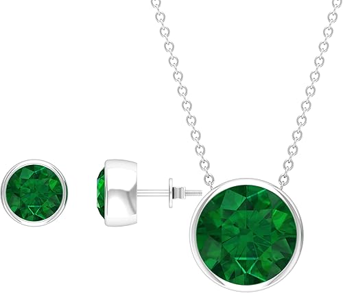 Miniatura 1 de 775 CT Created Emerald Solitaire Jewelry Set Created Emerald Round Jewelry Set for Women Created Emerald Pendant and Earrings Set 14K Solid Gold