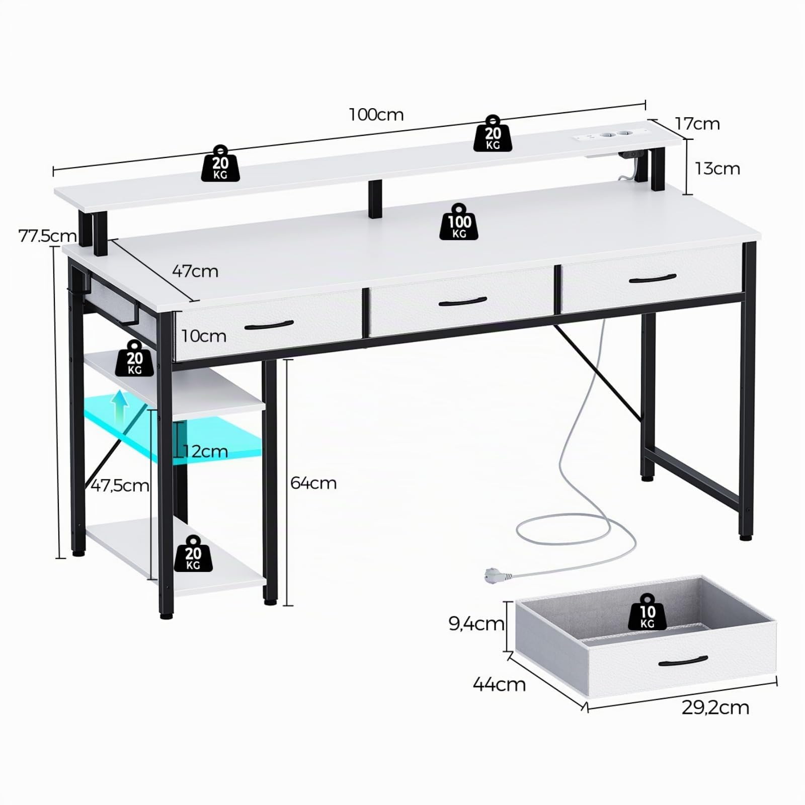 Rolanstar Bureau avec Rangement 100 cm - Table Ado 3 Tiroirs LED RGB Prises de Courant, Blanc