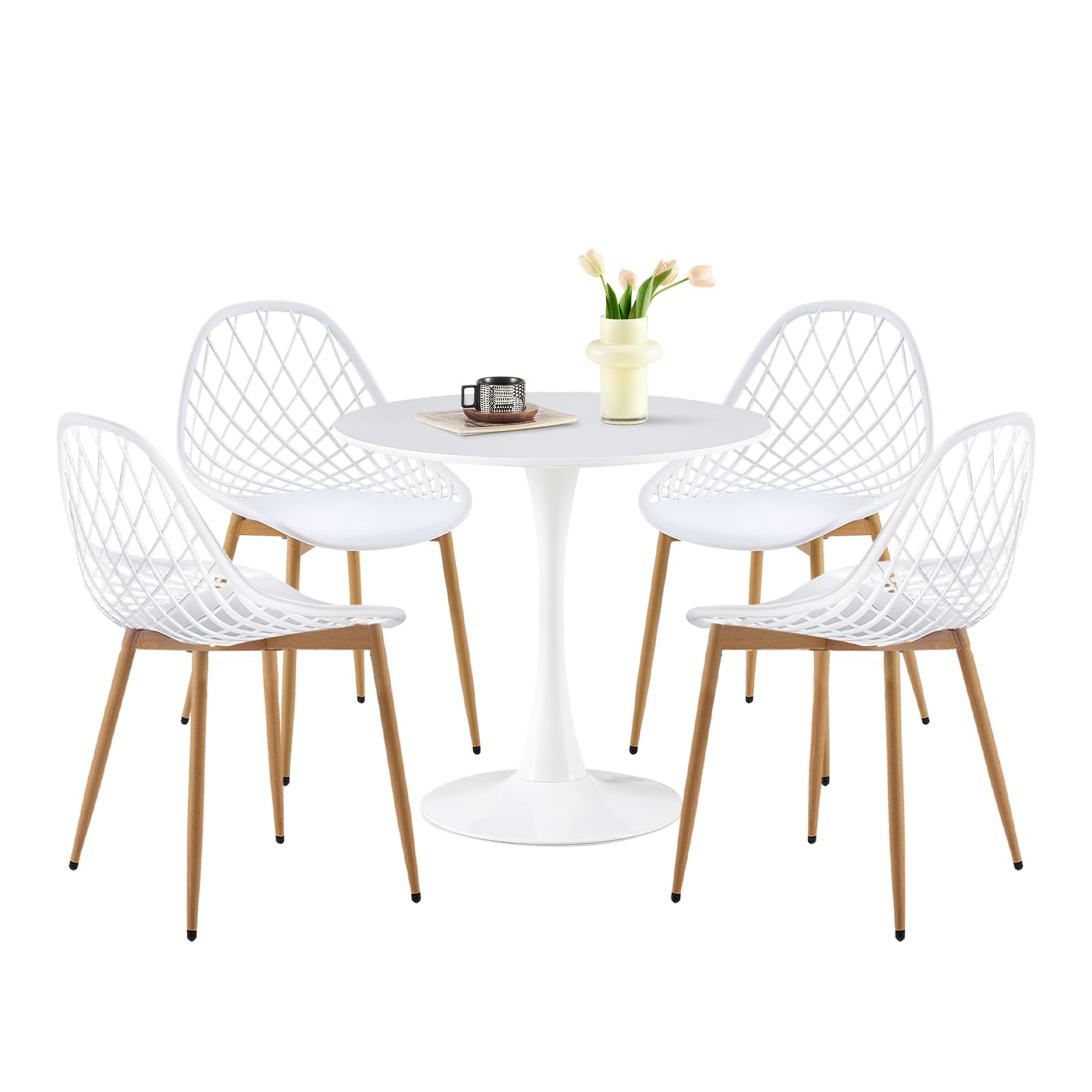 buybyroom Juego de muebles de balcón, mesa redonda blanca con 4 sillas blancas, sillones de salón, muebles de balcón, juego de jardín, balcón, patio y jardín