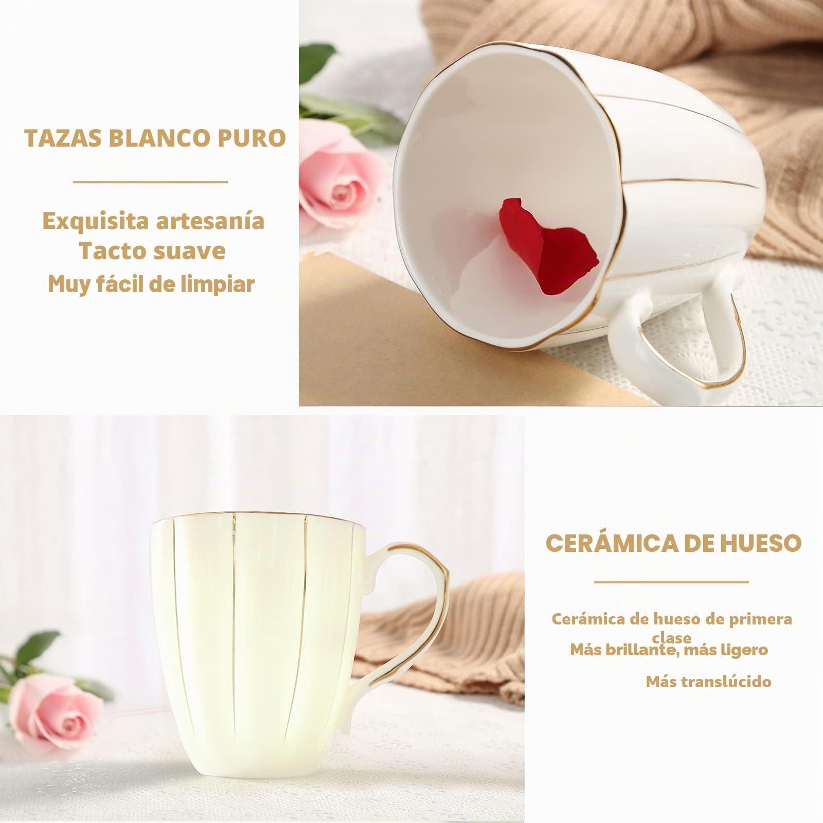 DUJUST Juego de 4 tazas de café (13,5 oz), diseño británico de lujo con adornos dorados hechos a mano, juego de tazas de porcelana blanca y dorada de primera clase para café, té y leche