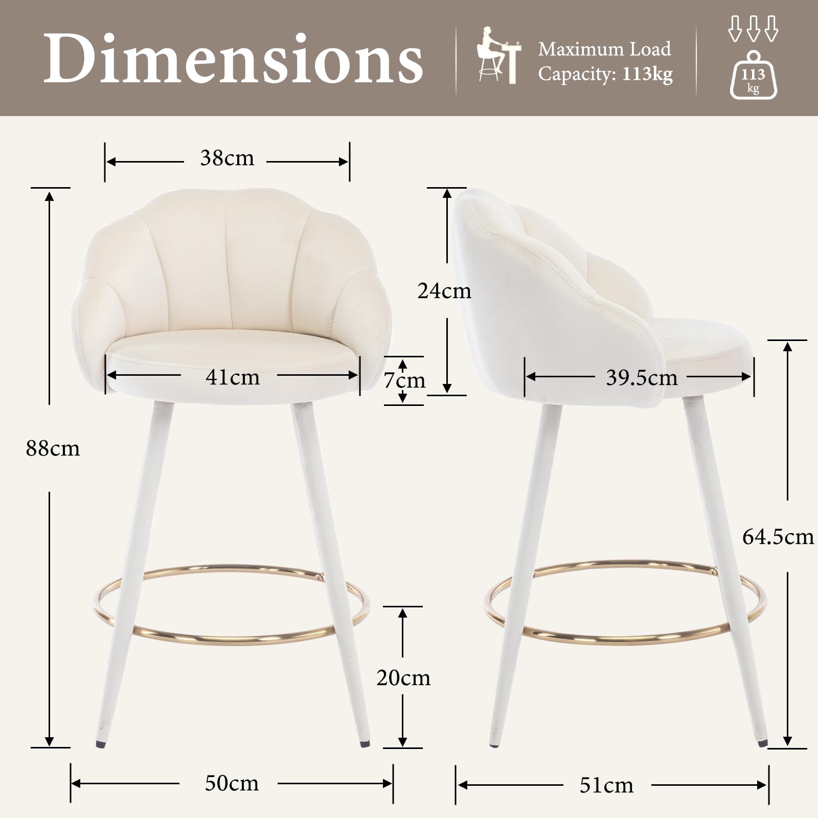 Ya-Home Set di 2 Sgabelli Cucina in Velluto con Poggiapiedi, Beige