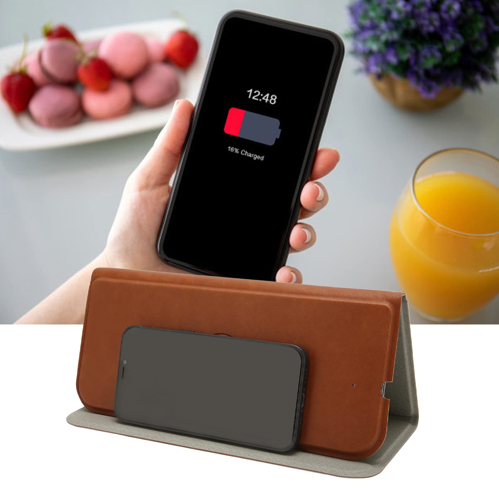 ADITAM Tappetino per Mouse Wireless Caricabatterie Wireless, Tappetino per Mouse a 3 Pieghe, Dispositivo di Protezione Integrato, Standard Qi, Design Leggero e Portatile (Marrone) Double The