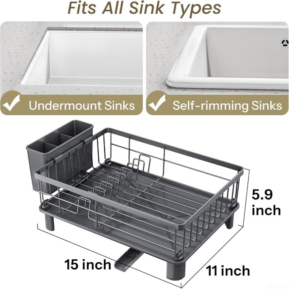 Kitchen Countertop Stainless Steel Dish Drying Rack with Utensil Holder and Drainboard for Organized Drying and Prevention of Water Spills(Gray)