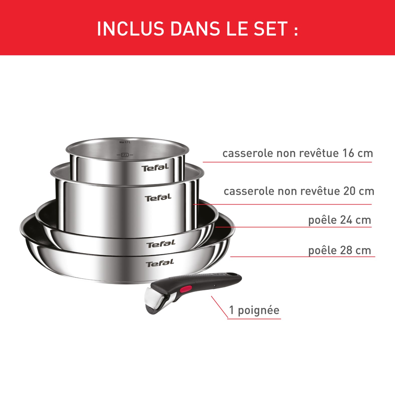 Tefal Ingenio Lot 2 Poêles, 2 Casseroles et Poignée amovible, Induction, Acier inoxydable, Empilable, Revêtement antiadhésif, Compatible lave-vaisselle, Garantie 5 ans, Emotion L897S504