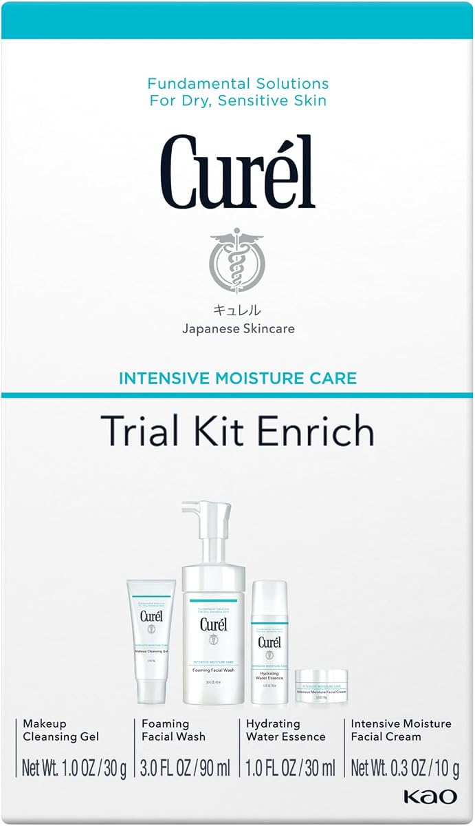 Curel Japanese Skin Care Trial Kit, with Ceramides, Travel Size | Cleansing Gel, Foaming Face Wash, Facial Lotion, Facial Cream, For Dry Sensitive Skin, Fragrance & Alcohol Free