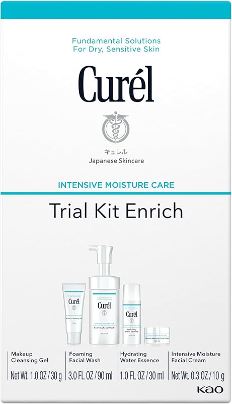 Curel Japanese Skin Care Trial Kit, with Ceramides, Travel Size | Cleansing Gel, Foaming Face Wash, Facial Lotion, Facial Cream, For Dry Sensitive Skin, Fragrance & Alcohol Free