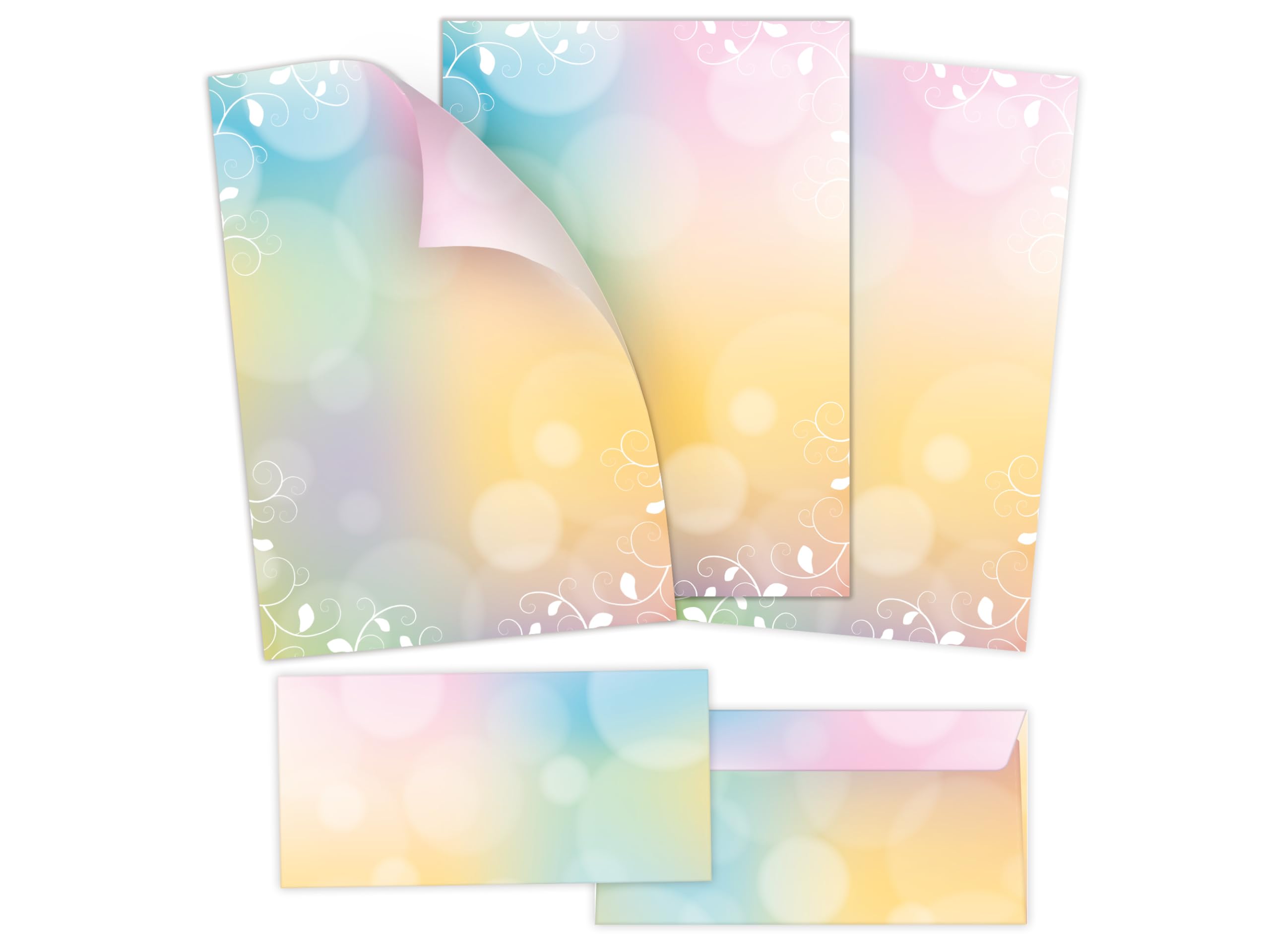 Briefpapier-Set 250 Druckerpapier DIN A4 + 250 Umschläge DIN-lang haftklebend Motiv Blätterzweige beidseitig beschriftbar und bedruckbar für Frühlingspost Ostern Taufe Kommunion Konfirmation Basteln
