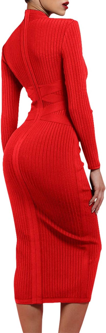 UONBOX Women's Long Sleeves Cross Strap Ribbed Club Party Midi Bodycon Bandage Dress - Image 3