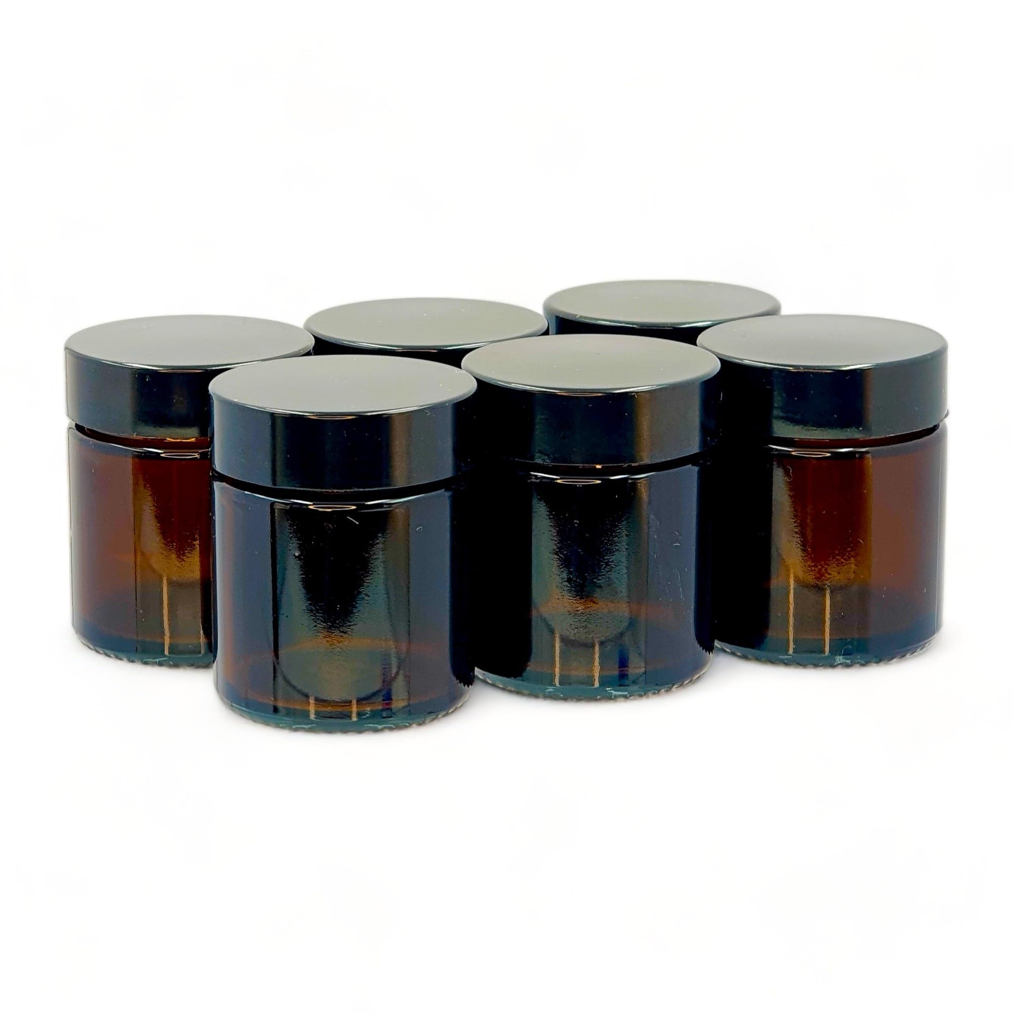 AVALON 30ml Amber Glass Cosmetic Jars with Black Urea Airtight Lids - Pack of 6 - for Aromatherapy Blends/Creams/Candlemaking, Empty Refillable Cosmetic Containers