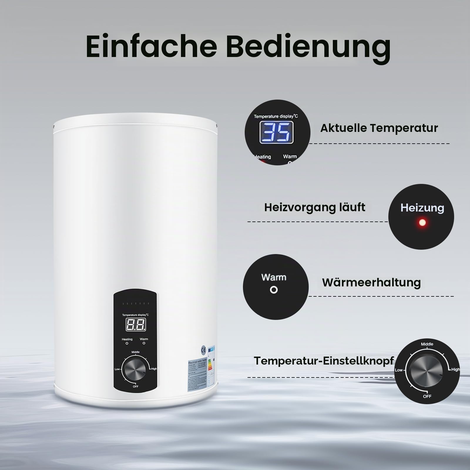 30L Elektrischer Warmwasserboiler 2000W, Emaille-Innenbehälter mit Schnellaufheizung, Digitale Regulierung 25-75°C, IPX4 Schutz, Einfache Montage für Küche und Badezimmer