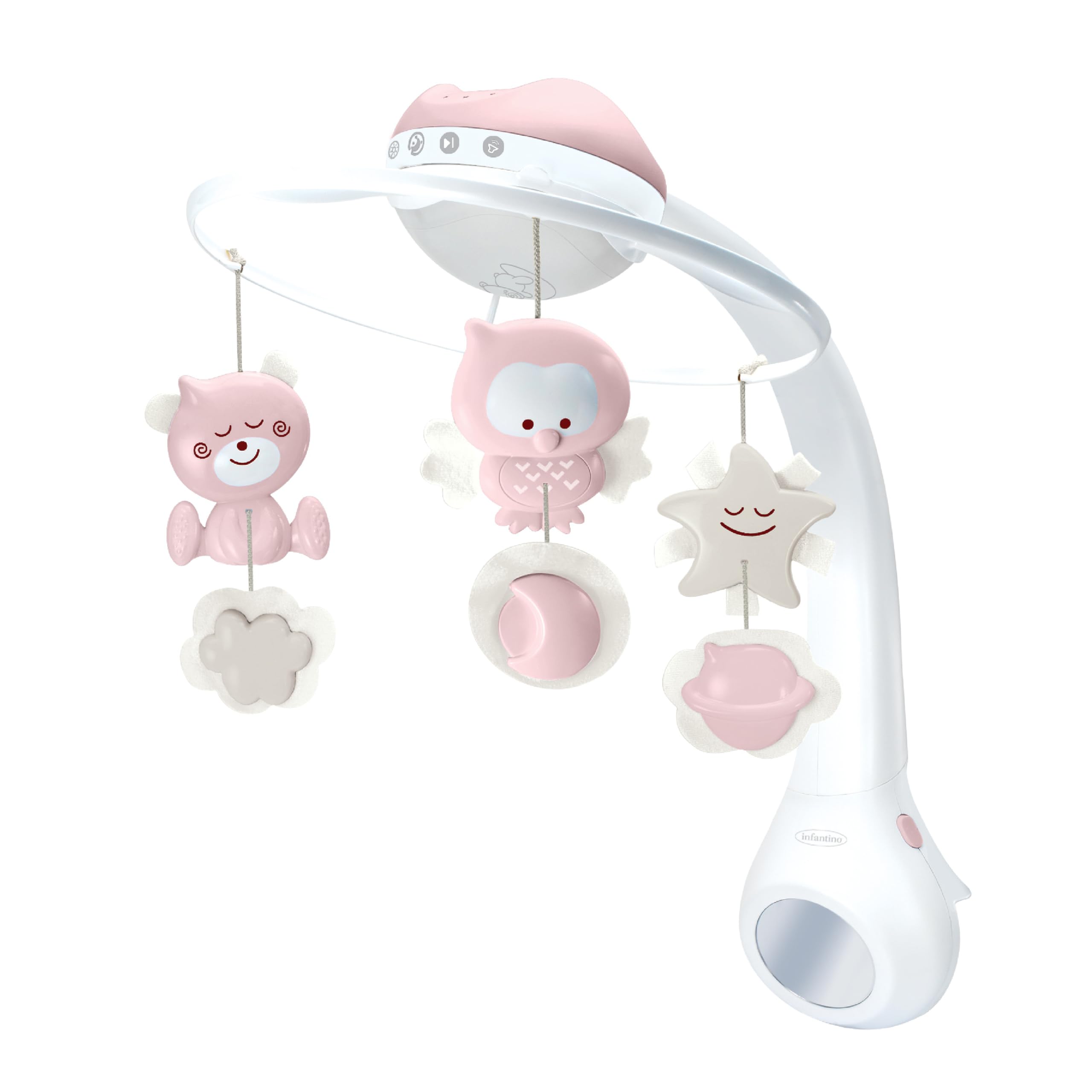 Infantino 3-in-1 Projektor Musik-Mobile, Umwandelbares Mobile, Lichtprojektor für Tisch & Kinderbett mit Weckmodus zur Tageslichtsimulation, Inkl. 6 Melodien & 4 Naturgeräuschen, Staubiges Rosa