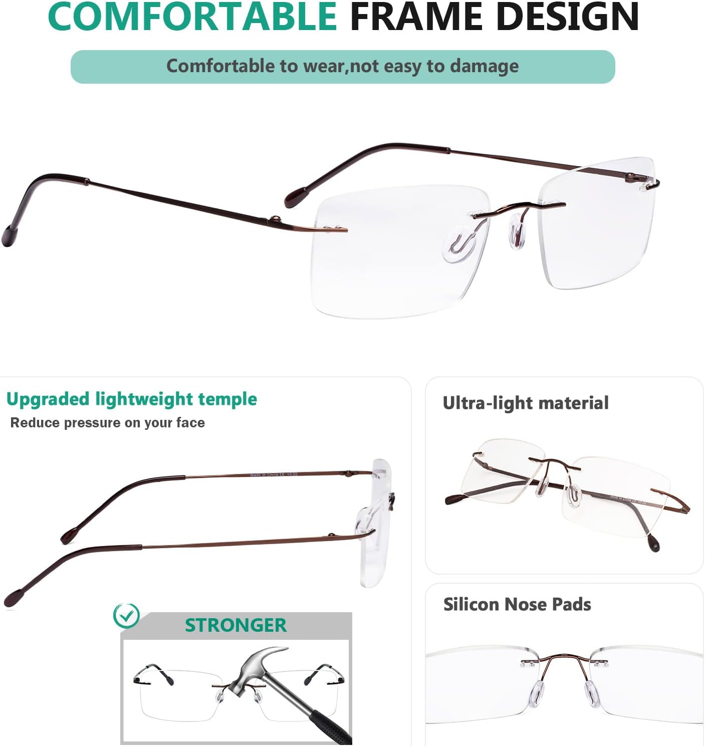 Eyekepper 3-Pack Rimless Metal Reading Glasses for Men - Rectangle Frameless Readers (Brown/Sliver/Gold)+2.00