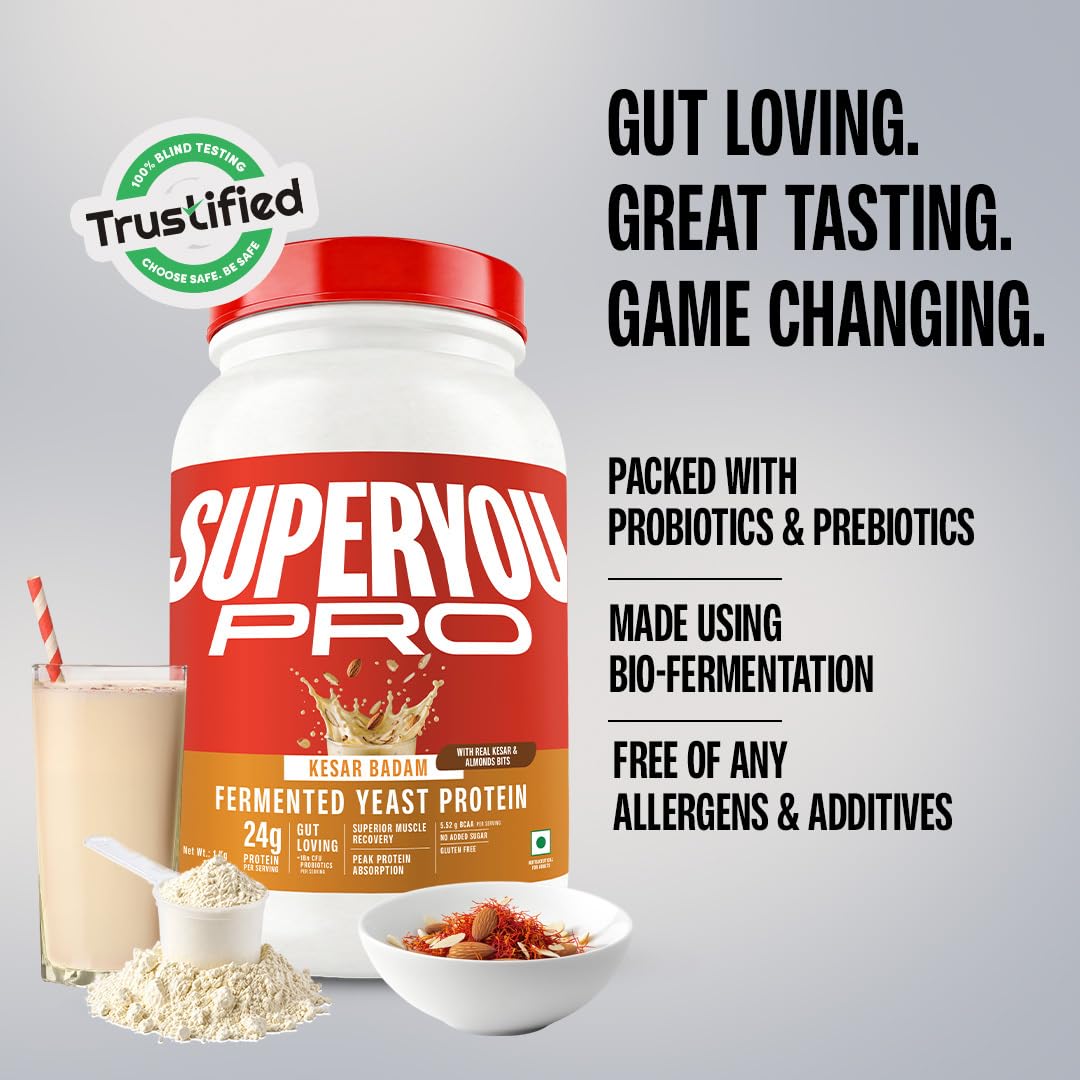 Superyou Pro Fermented Yeast Protein Isolate Kesar Badam 1kg | 24g Protein/Serve | No Bloat, Heat-Stable | Easy to Digest | Gut Friendly | PDCAAS of 1 — Amazon image 3