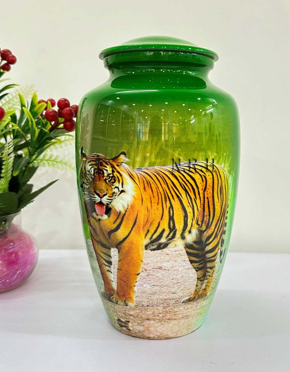 Green Decorative Urn Jar with Lid, Tiger Design Storage Container, Glossy Finish Wildlife Art, Home Décor Accent - Image 2