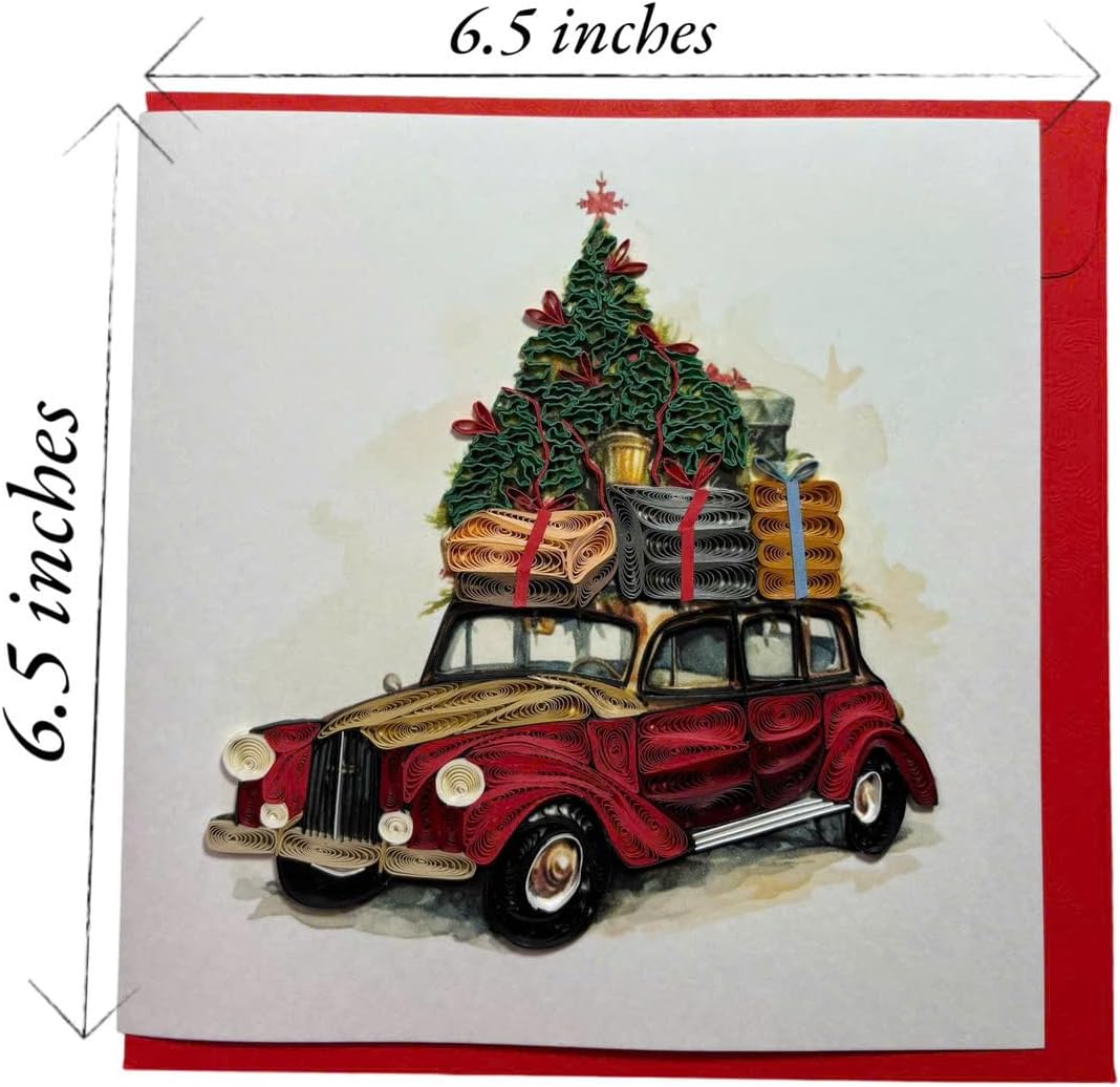Handcraft 3D Quilling Christmas Card, Envelope Included, Blank Inside, Xmas Card, Merry Christmas, Retro Car Carrying Gift - Image 4