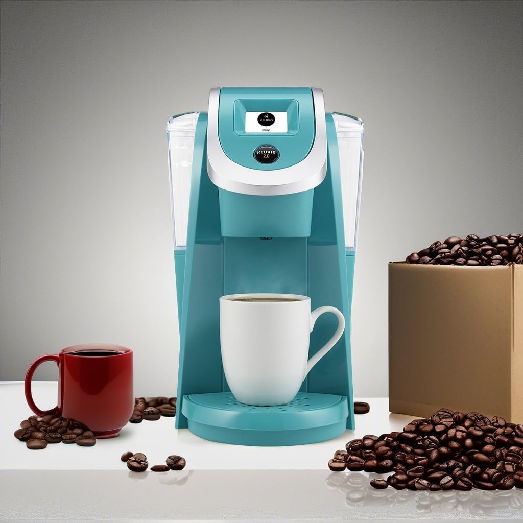 Keurig 2.0 K200 Brewer in turquoise with a coffee mug and coffee beans.