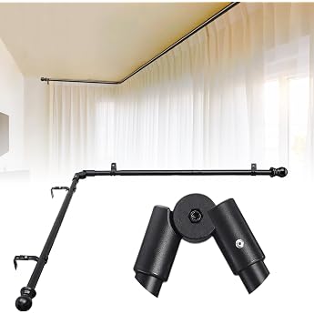 Curtain Pole Bay Window 76-345 cm L-Shaped Curtain Rod Adjustable Stainless Steel Curtain Rod Fittings Set 25 mm Diameter Bay Curtain Rods for Bedroom Living Room Matte Black