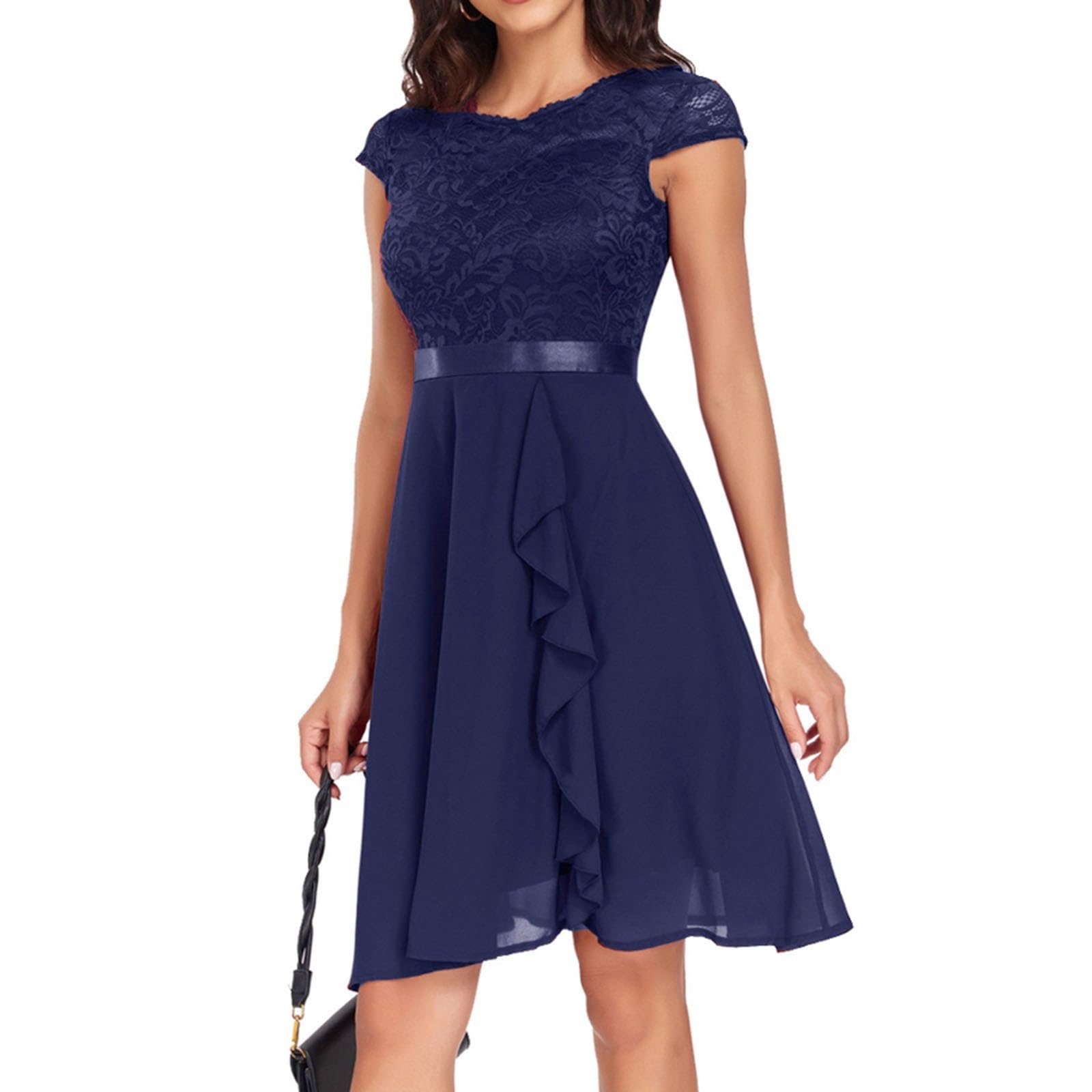 Kleid Hochzeitsgast Damen,Festliche Damen Elegant Kurzarm Abendkleider Spitze Rüschen Cocktailkleid Für Hochzeit Abschlusskleid Chiffonkleid