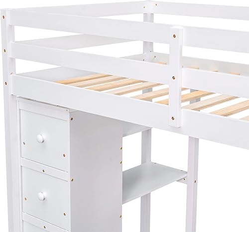 Miniatura 8 de VilroCaz Elegante cama tipo loft de tamaño individual con cajones de almacenamiento y escritorio marco de cama tipo loft de madera con escalera de