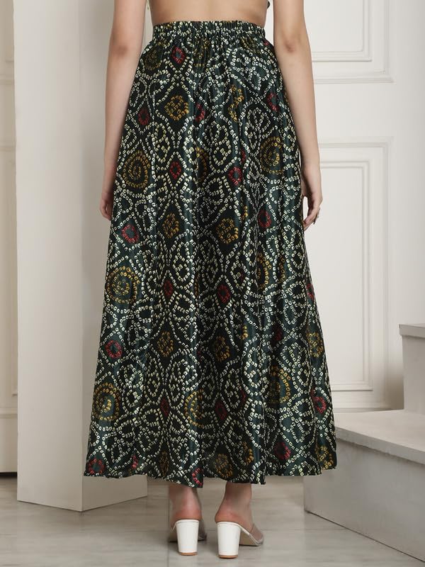 Image of NEUDIS Women Bottle Green Printed Maxi Lehenga Skirt with Pocket