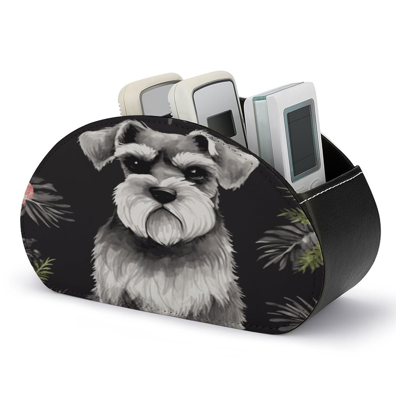 LZQPOEAS Schnauzer Remote Control Holder Desk Storage Organizer Box Container Remote Storage Box with 5 Compartments PU Leather Remote Caddy for Home Bedside Table Organizer