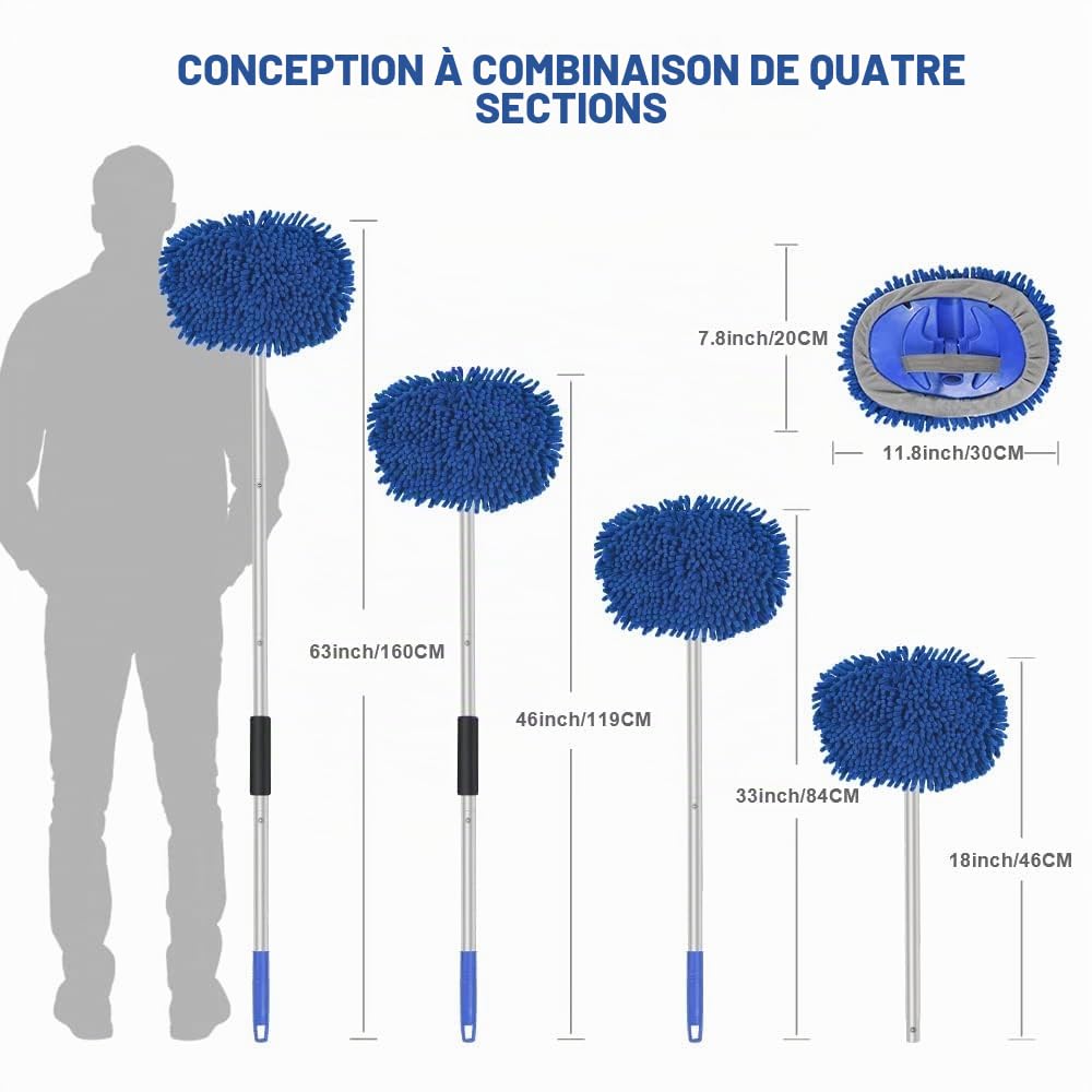 URAQT Brosse Lavage Voiture Télescopique, 160cm Nettoyage à Manche Long Vadrouille, 3en1 Microfibre Balai Pinceau, avec 2 têtes de Vadrouille et Un Chiffon en Microfibre, pour Véhicule Voiture Camion