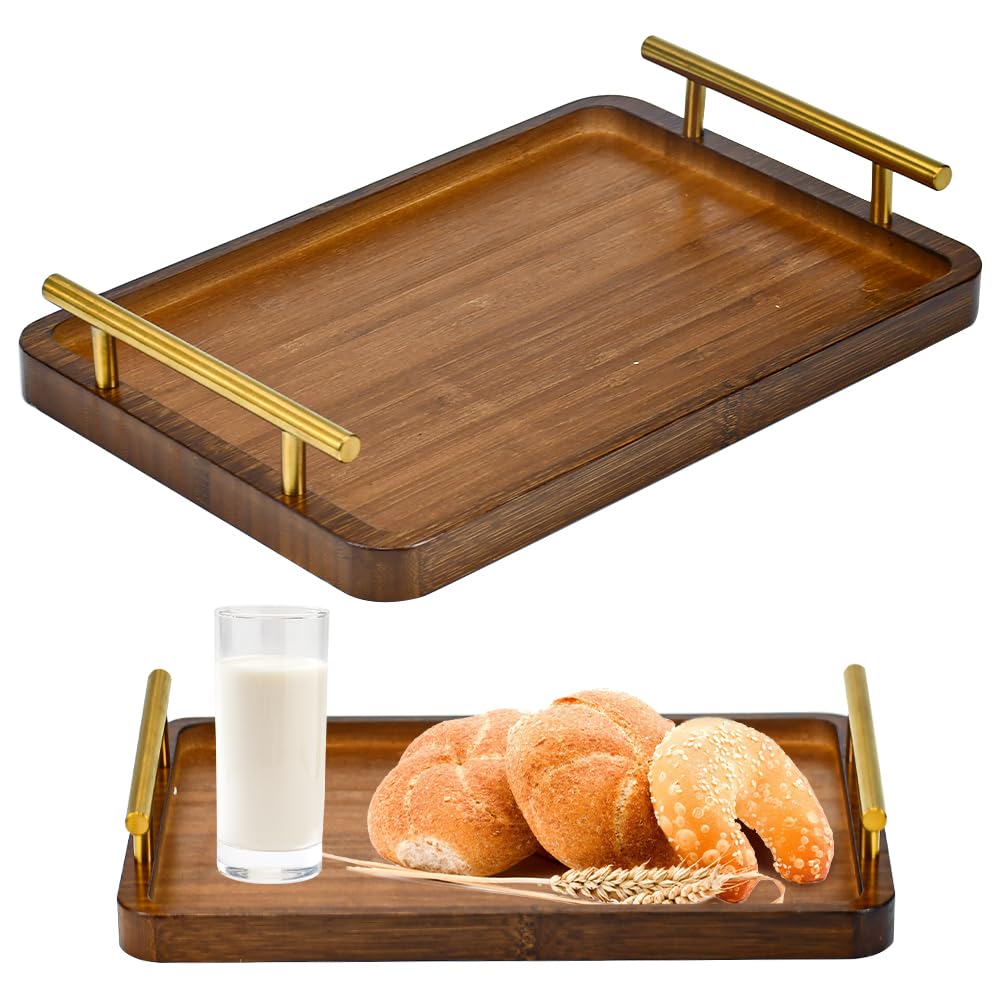 Vassoio rettangolare in legno di bambù naturale con manici, 30 cm, per cibo, caffè, bevande, tè, dessert, frutta e pane, ideale per la casa e la cucina