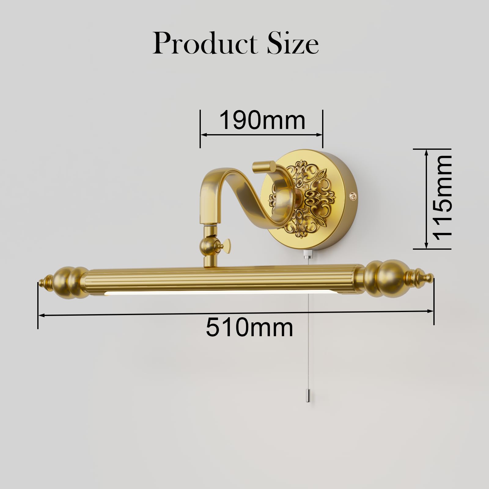 ACMHNC LED Spiegelleuchte Bad, mit Zugschalter, 51cm, Gold | 8W Spiegellampe Badezimmer Vintage, 4000K, 240° Drehbar, IP44 Badspiegel, Keine Schatten