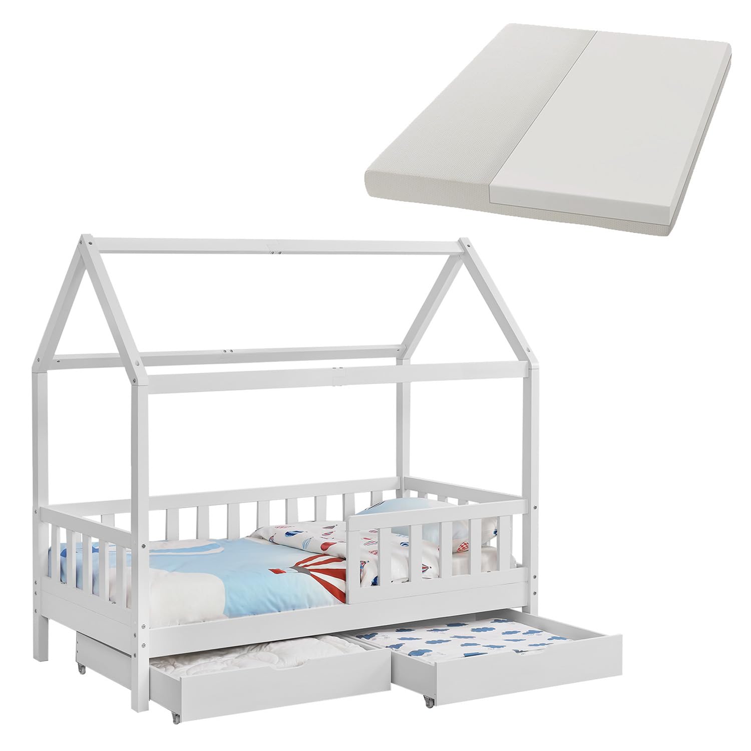 Juskys® Kinderbett Marli 90 x 200 cm mit Matratze, Bettkasten, Rausfallschutz, Lattenrost & Dach - Massivholz Hausbett für Kinder - Bett in Weiß
