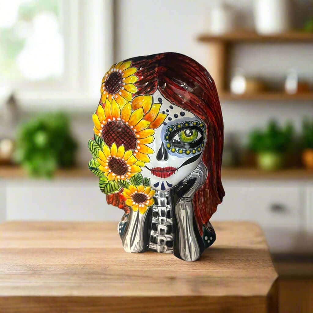 Talavera Sunflower Skull Planter | Handcrafted Day of the Dead Pot