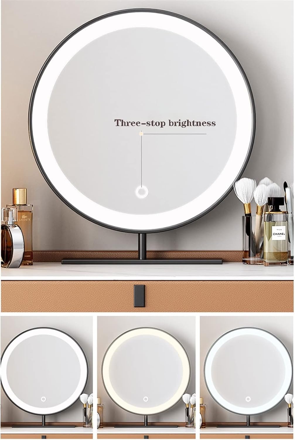 Vanity Dressing Table Set Luxury Makeup Bench with 3 Colors Led Hd Mirror,Comfortable Stool Drawers Cabinet,Modern Simple Style,for Girl's Gift (Size : 60CM) ()
